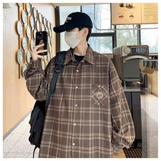 复古棕咖色格子衬衫男春秋磨毛衬衣外套1001-1-CS51-P40，男装衬衫，星座1001-1