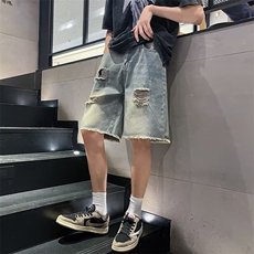 日系破洞牛仔短裤男青春流行牛仔裤水洗N0220-P38，男装牛仔裤，星座308B-1