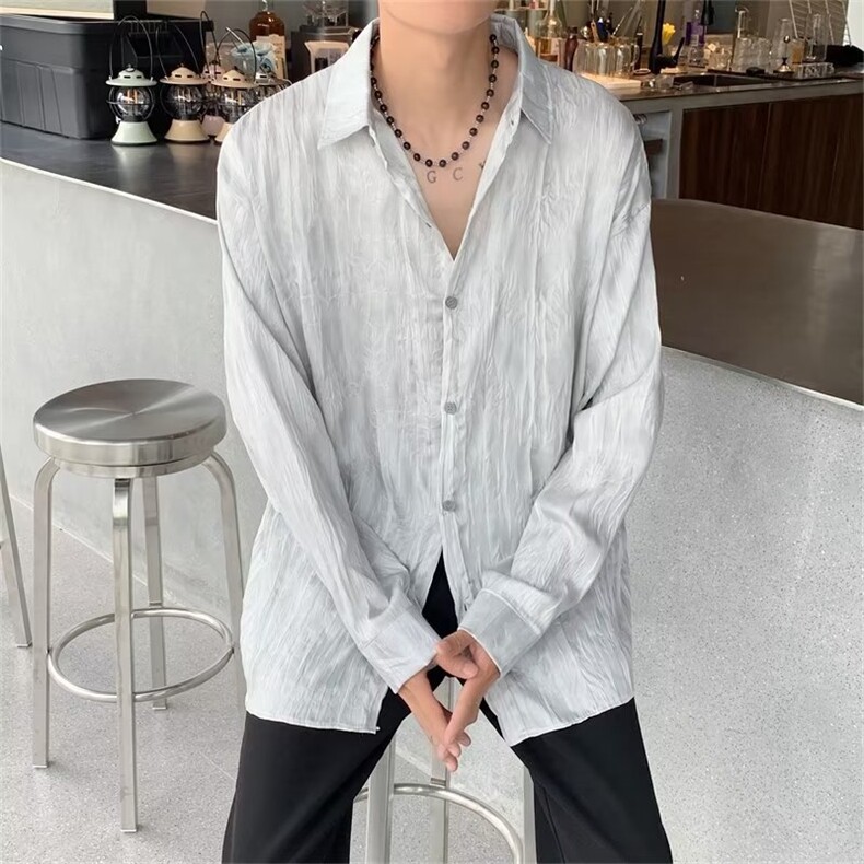 春夏慵懒风长袖衬衫薄潮流宽松衬衣男装高级感休闲上衣CS0674-P50,男装衬衫,星座308B-1