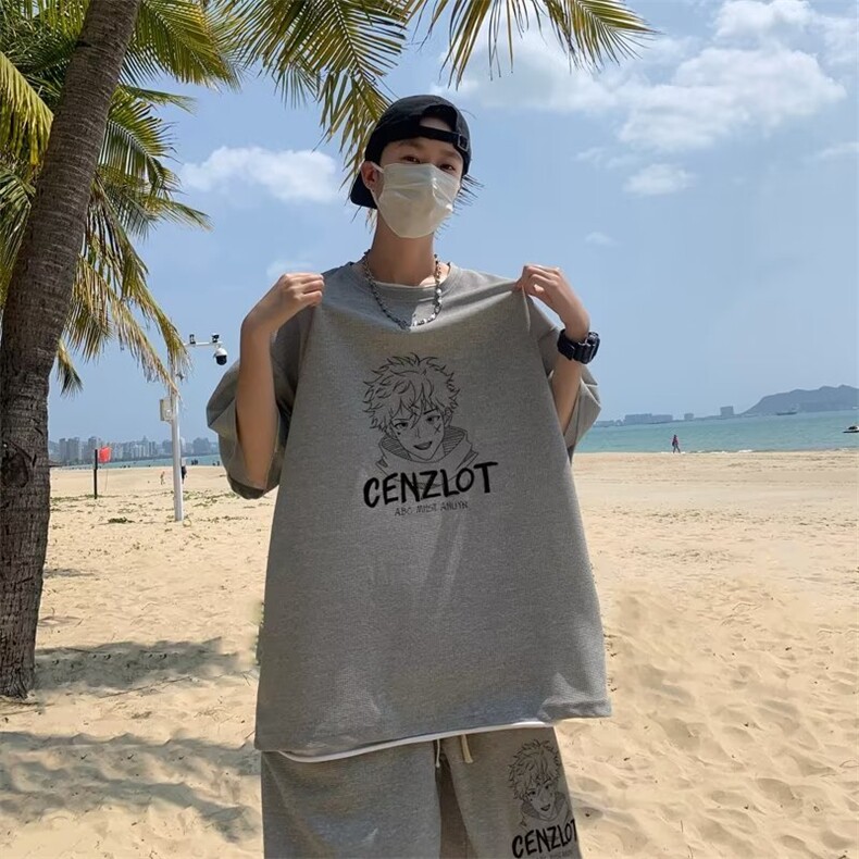 T恤日系文艺时尚ins夏季五分袖五分裤冰丝华夫格印花套装T319P30,男装休闲套装,星座1116-2