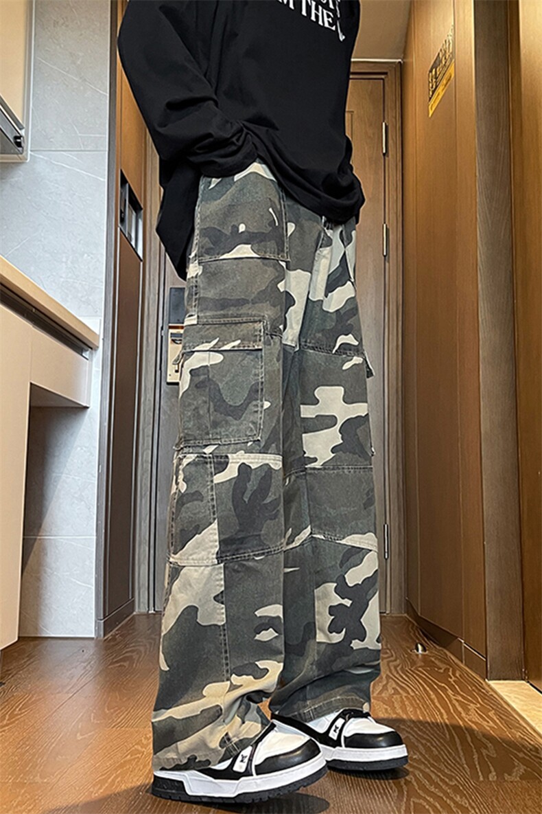 秋季迷彩裤美式伞兵工装裤男直筒阔腿牛仔裤拖地休闲裤子KZ003P68,男装休闲裤,电商B312