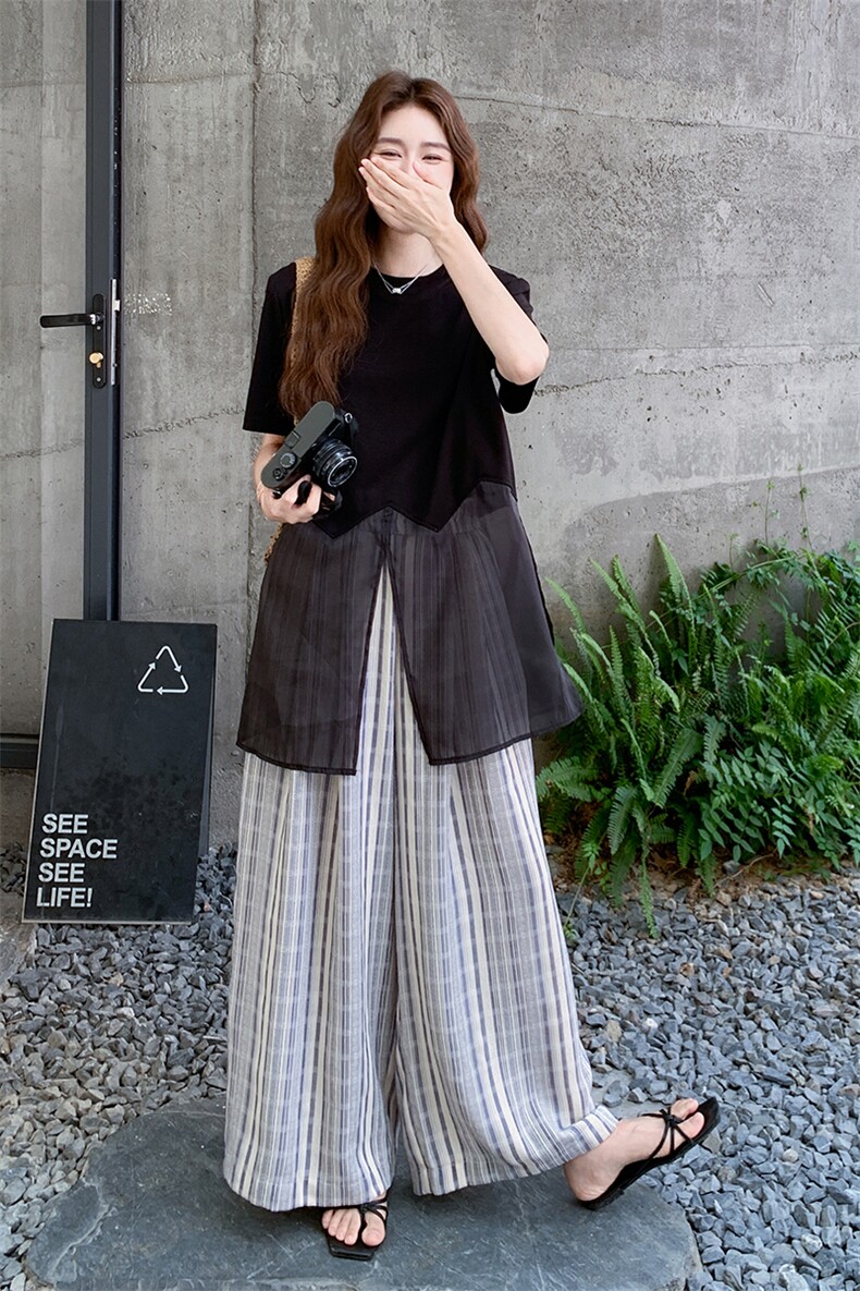 网纱背心条纹阔腿裤套装女夏2025新款又酷又飒穿搭两件套爆款洋气,女装套装/套裙,1C150