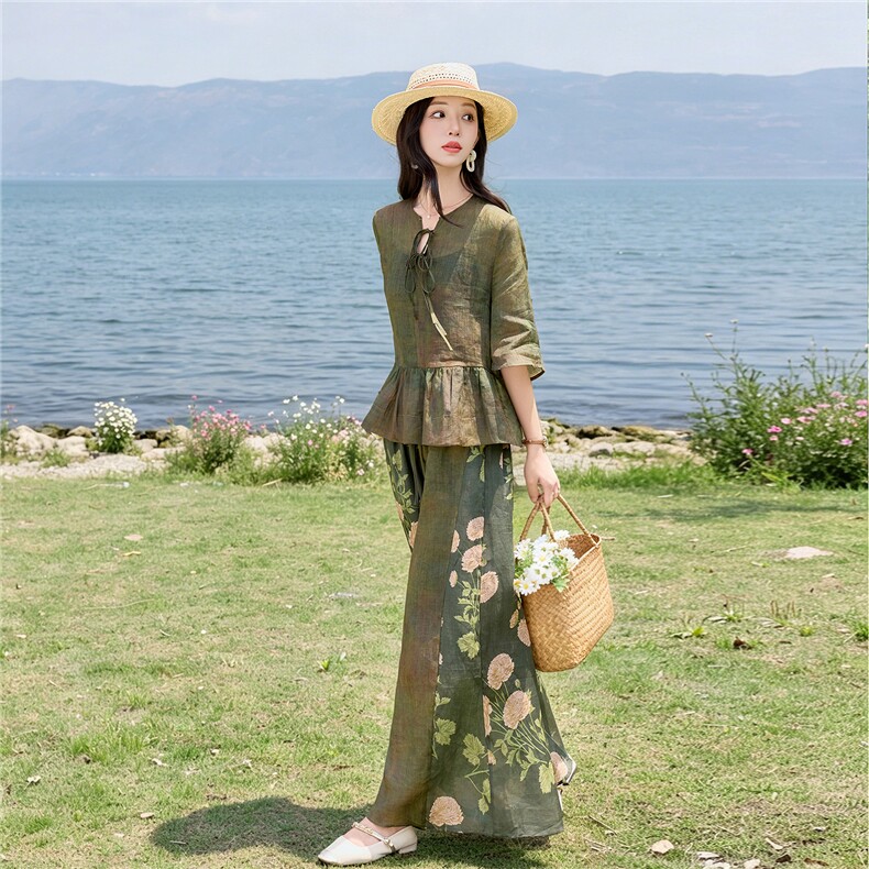 时尚苎麻印花拼接阔腿裤扎染宽松上衣复古风套装女,女装套装/套裙,水衣源