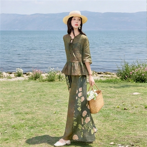 时尚苎麻印花拼接阔腿裤扎染宽松上衣复古风套装女图片