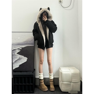 现货重磅硬挺boxy羽绒棉衣座山雕猫耳大毛毛领麂皮棉服冬外套图片