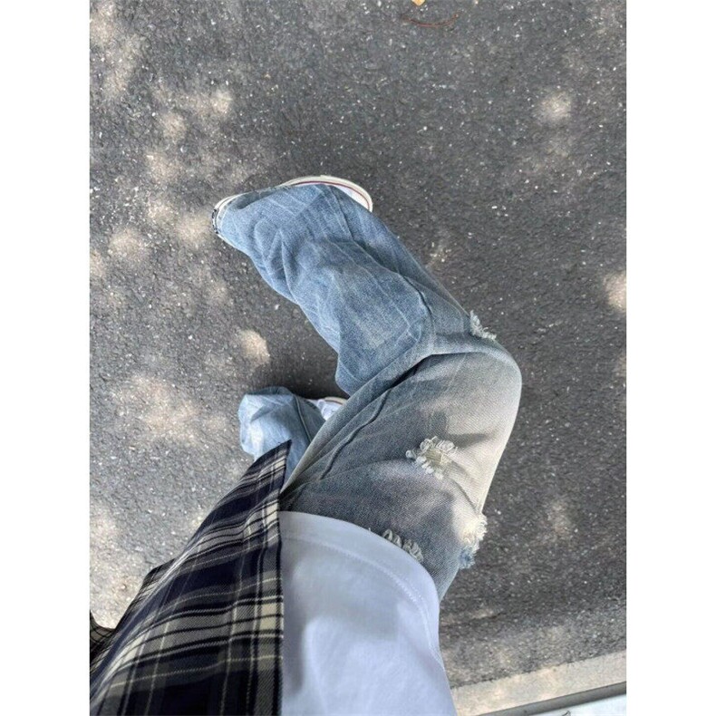 夏季破洞牛仔裤男美式vibe风裤子cleanfit弯刀微喇裤LN80322-P47,男装牛仔裤,星座1008