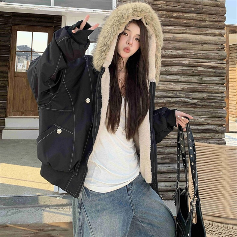 现货重磅boxy短款棉衣座山雕大毛毛领男女棉服水洗工装厚外套,男装棉衣,电商A486-1