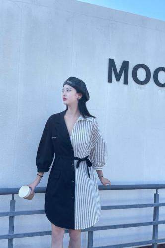 条纹拼接连衣裙，女装连衣裙，QIANCHEN 谦晨