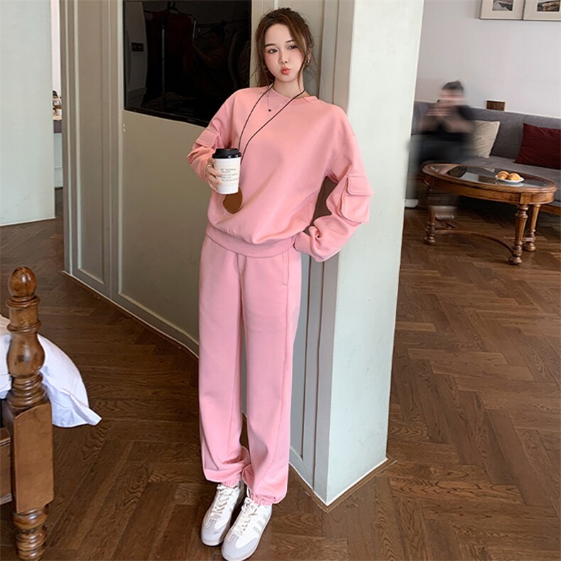 女春季新款减龄圆领衣袖口袋卫衣束脚裤两件套潮,女装套装/套裙,江南