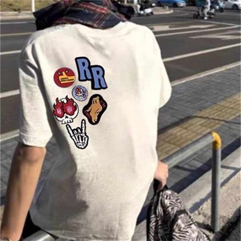 万针全刺绣工艺得物抖音高品质260克纯棉双纱美式高街短袖T恤P33,男装T恤,电商A486-1