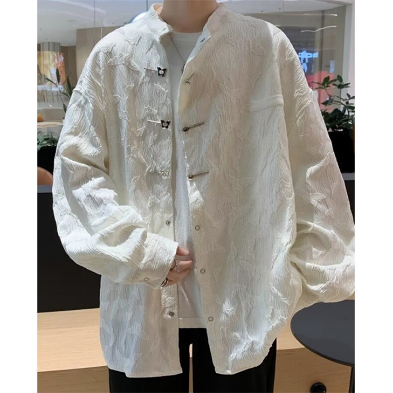 新中式蝴蝶盘扣长袖衬衫男秋季衬衣古装唐装外套衣服C3014,男装衬衫,星座1116A（原606A-3）