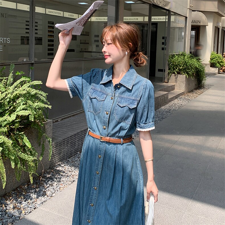 现货~蕾丝花边牛仔连衣裙女2025夏季新款535-P145-K218,女装连衣裙,2C126