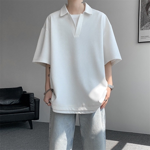 8XL-M假两件V领短袖t恤男夏翻领半袖宽松重磅华夫格大码DT001P40,40岁单亲妈妈穿衣搭配图片