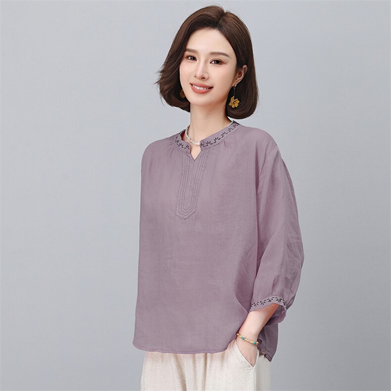 高端苎麻上衣女夏季薄款2025年新款中年妈妈休闲洋气减龄漂亮小衫,女装T恤,悦见她