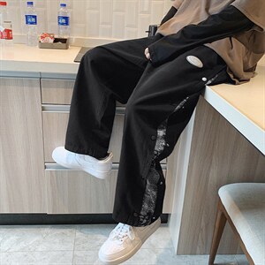新款侧边腰果花排扣裤子男直筒宽松阔腿裤休闲裤老爹裤K453-p35，男装休闲裤，星座1008-2