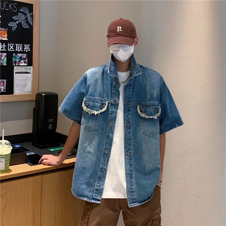 潮夏季文艺标准青春流行潮流慵懒翻领男时尚长袖日系衬衫图片