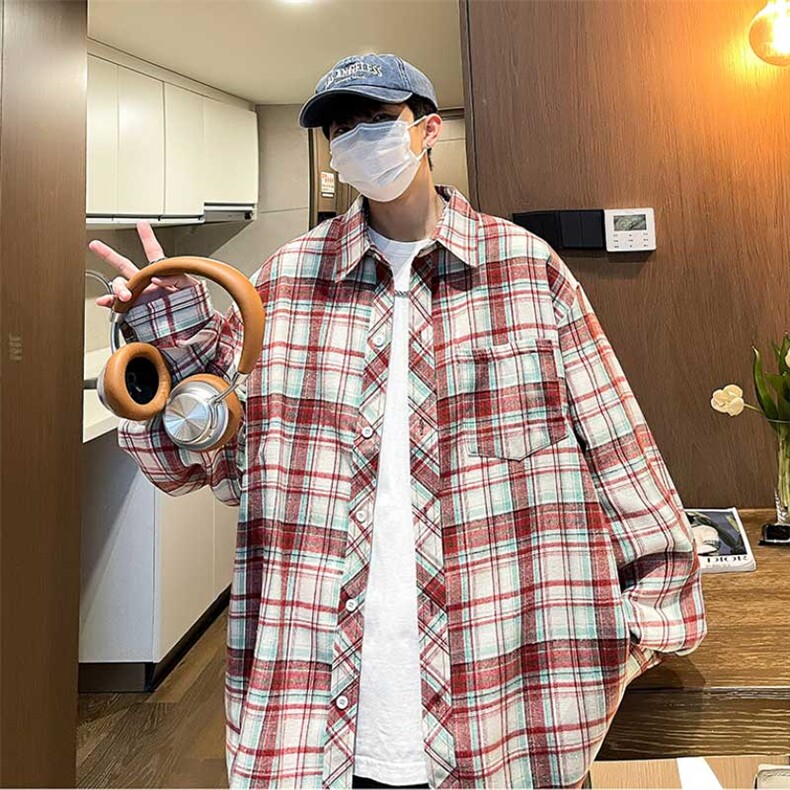 控价59港风格子衬衫宽松外套男女衬衣百搭格子外套CS2414P35,男装衬衫,电商A128