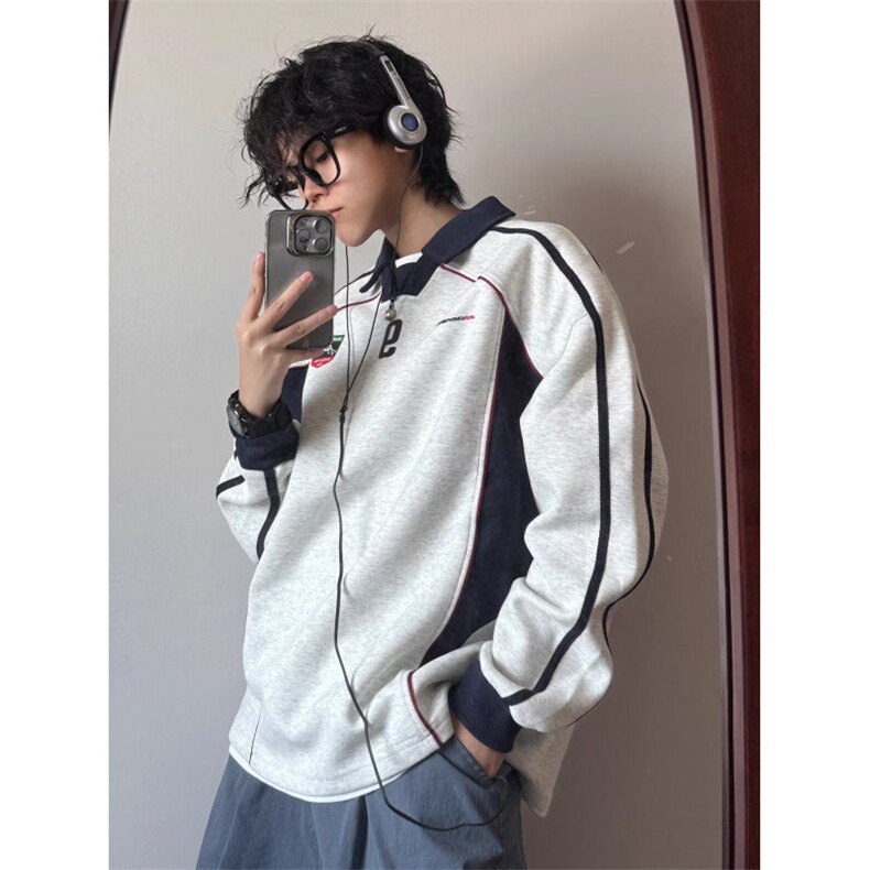 秋冬设计感拼接polo领球衣美式V领卫衣男女加绒运动上衣WY177,男装卫衣,星座1116A（原606A-3）