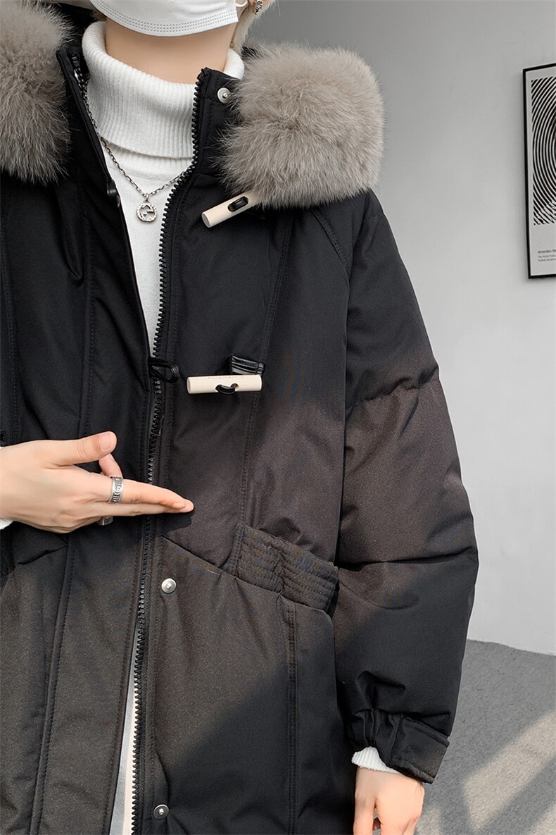 8XL-M90白鸭绒大毛领羽绒服男中长款过膝设计感牛角扣YRFC05P398,男装羽绒服,电商D206-1