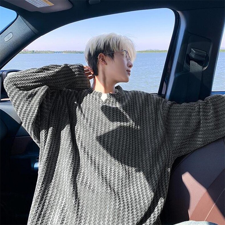 美式高街千鸟格子长袖T恤男女亨利V领英伦雅痞休闲宽松长袖打底衫，男装T恤，电商A486