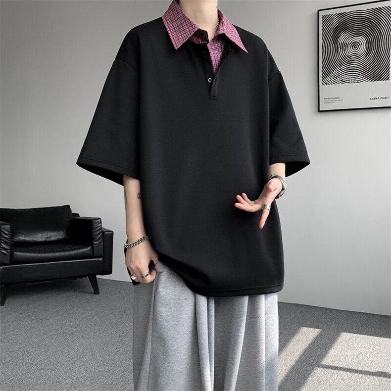 8XL-M格纹拼接假两件短袖t恤大码美式重磅polo翻领半袖DX1218/P48,男装T恤,电商B238