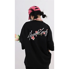 网图有货夏季美式手写花卉刺绣短袖T恤男女情侣宽松上衣A480-P35，男装T恤，星座1505