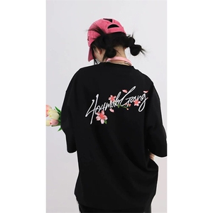 网图有货 夏季美式手写花卉刺绣短袖T恤男女情侣宽松上衣A480-P35图片