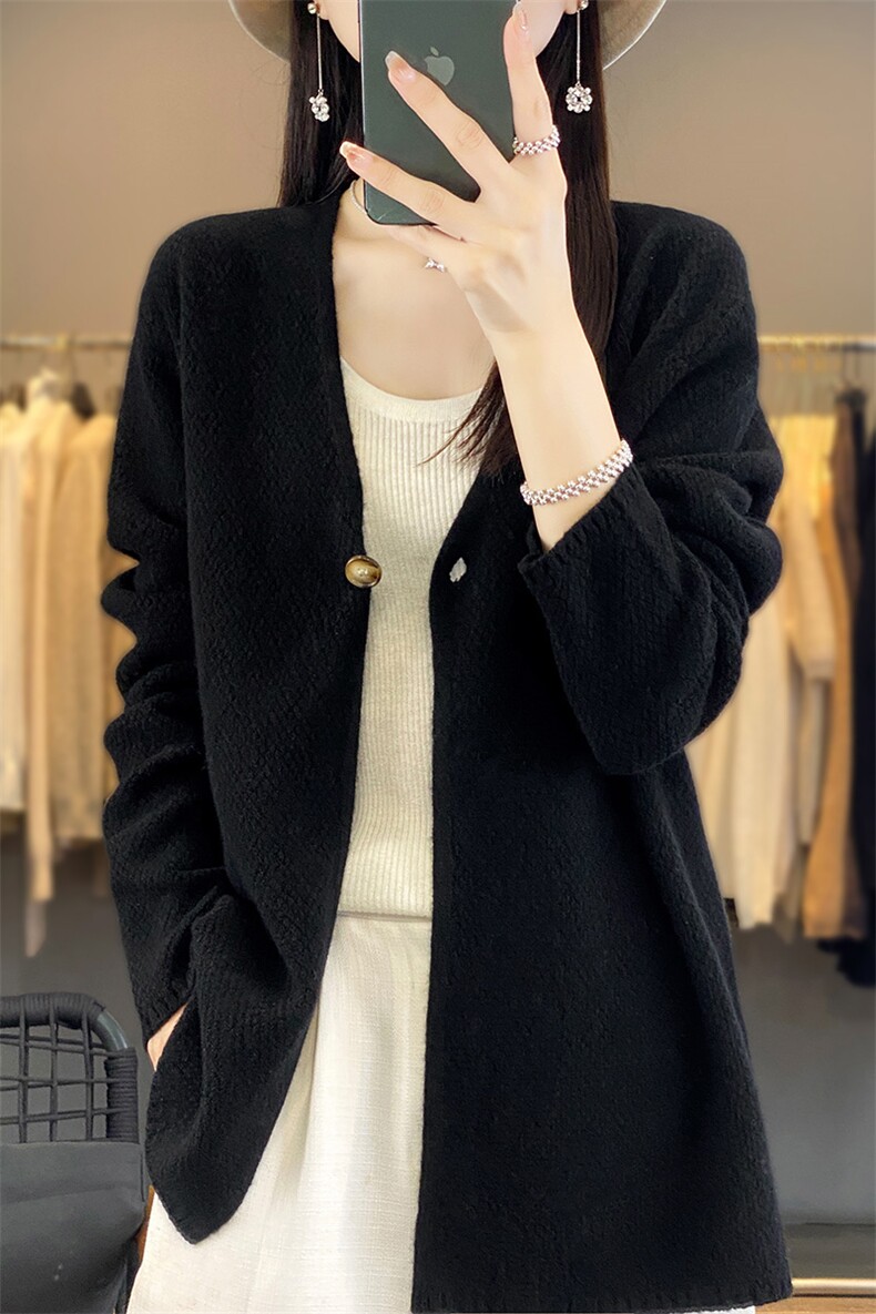 24秋冬新款100%纯羊绒开衫女一粒扣V领宽松百搭长袖羊毛针织外套,女装羊毛衫,片语羊绒
