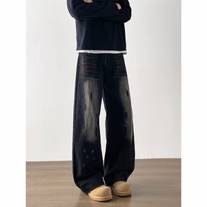 水洗喷墨牛仔裤男秋冬美式高街痞帅潮牌宽松直筒阔腿裤N0222-P55图片
