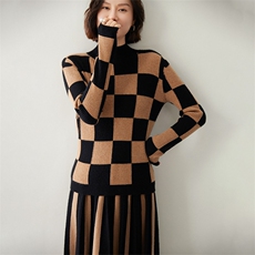 时尚拼色方格半高领女士羊绒衫修身显瘦保暖毛衣，女装羊绒衫，迎冬羊绒