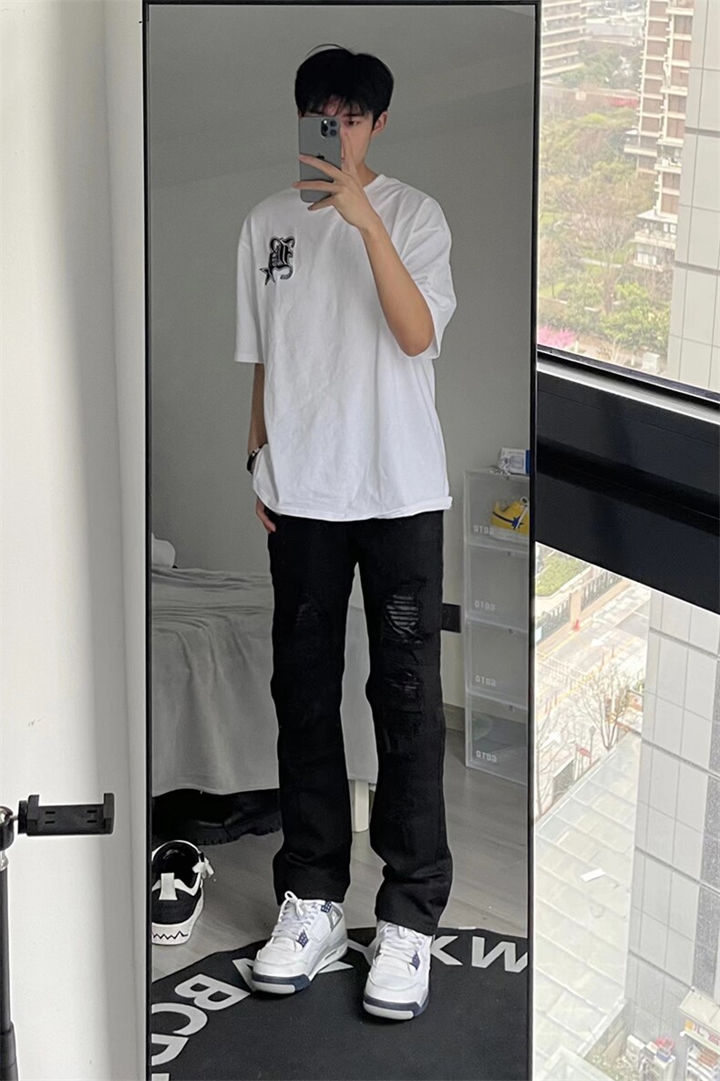 B221美式ins高街小众重工艺假破洞小脚牛仔裤LK23019-P60控78,男装牛仔裤,电商B221