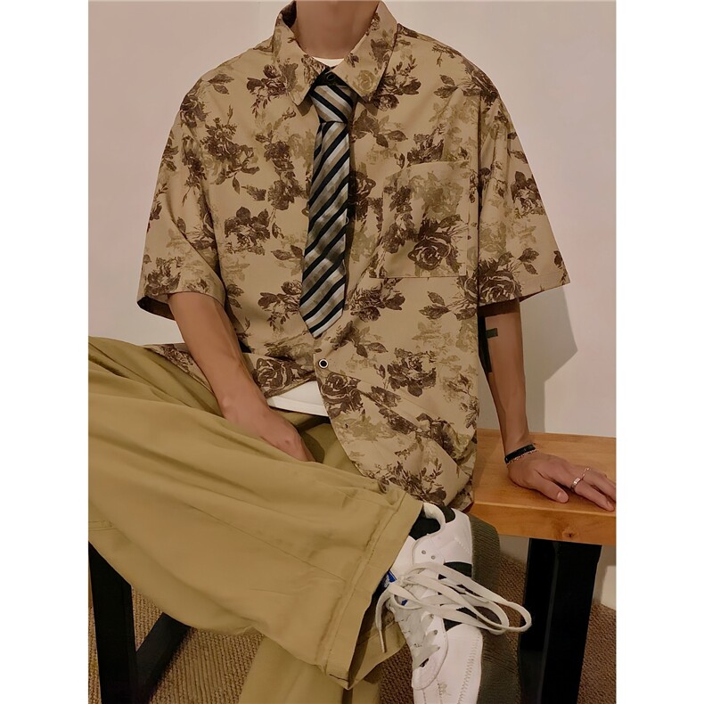 复古衬衫短袖夏季薄款垂坠感开衫短袖A061-EC50281-特p30,男装衬衫,电商A061