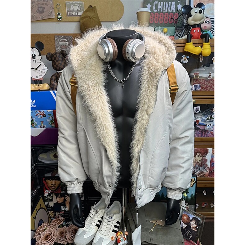 现货高品质美式高街冬季重磅硬挺短款座山雕毛领棉衣男女加厚外套图片