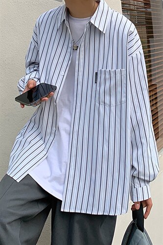 秋装条纹衬衫长袖男士外套港风潮牌休闲宽松衬衣上衣CS721P45控59，男装衬衫，电商B413-1