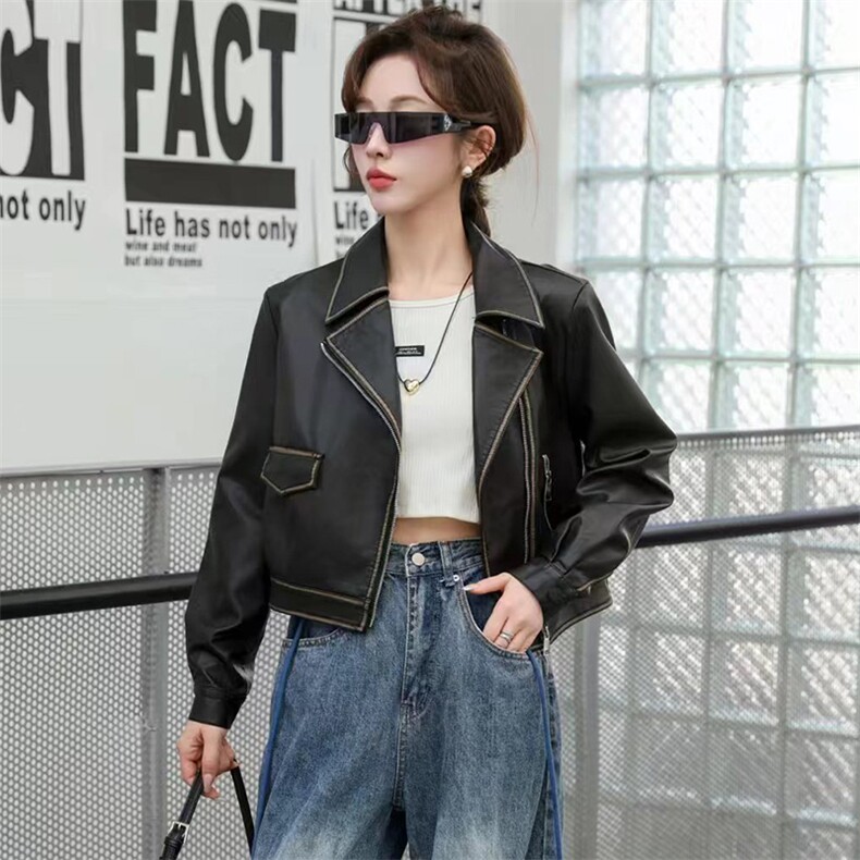 复古机车款皮衣女外套2024秋装新款小个子短款西装领休闲夹克上衣,女装皮衣,跑量工厂店