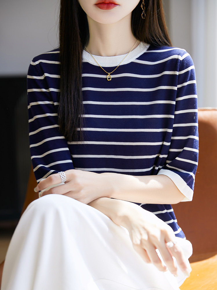 夏季五分袖常规2025年夏季新款条纹大码女装宽松薄款高级感图片