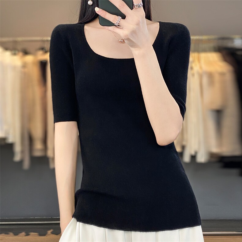 精纺薄款羊毛衫紧身U领坑条短袖t恤半袖女春夏新款针织打底衫上衣,女装T恤,越洋羊