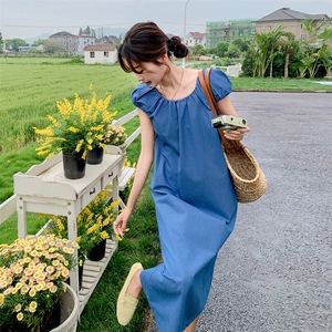 蓝色高级感连衣裙2025年夏季新款法式时尚气质轻熟风泡泡袖茶歇裙图片