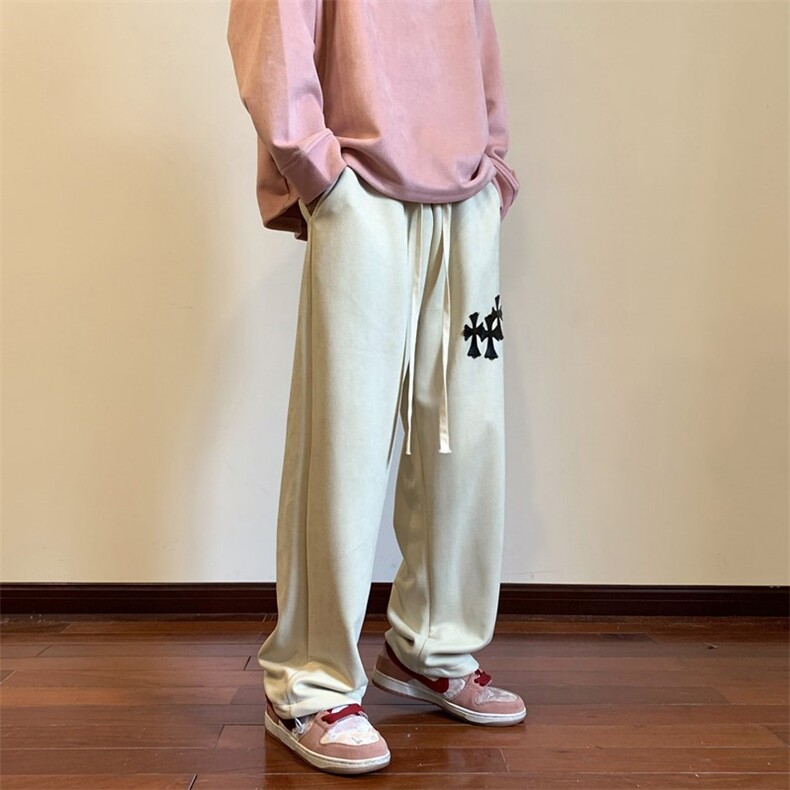 秋季新款高街麂皮绒十字架贴标休闲裤M~5XLXZ604-KP85-P55控68,男装休闲裤,星座604