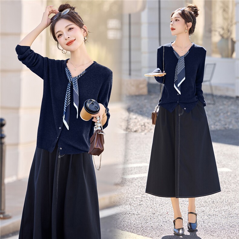 韩系慵懒松弛感针织开衫丝巾领吊带裙套装2025新女秋牛仔裙两件套，女装套装/套裙，意芙