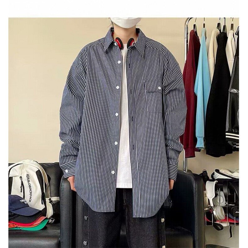 【有货】DBC02-P35日系条纹衬衫男春季情侣装宽松休闲长袖衬衣服,男装衬衫,星座603-2