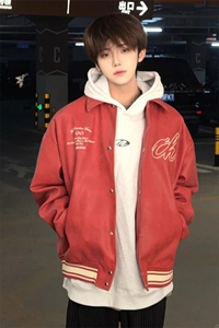 【有货】酒红色外套高级感痞帅PU皮夹克棒球服 JK611 特P70图片