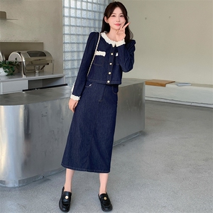 欧洲站圆领长袖牛仔女2024秋季新款花边外套+半身裙潮图片