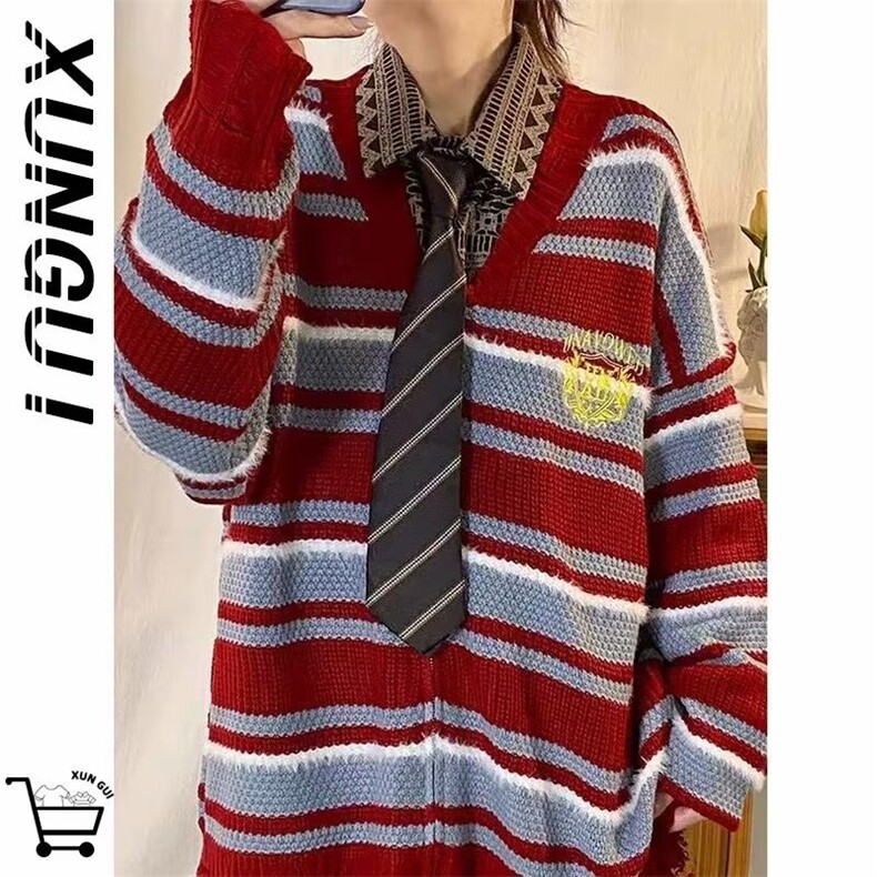 美式复古条纹割破下摆针织衫男女慵懒风宽松百搭情侣开衫毛衣外套，男装针织衫/毛衣，星座506A