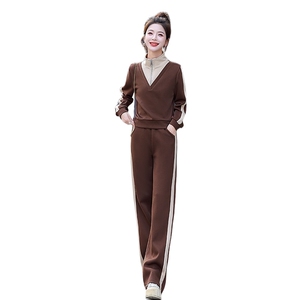 春秋新款时尚气质假两件套女立领卫衣修身显瘦侧条纹休闲运动套装图片