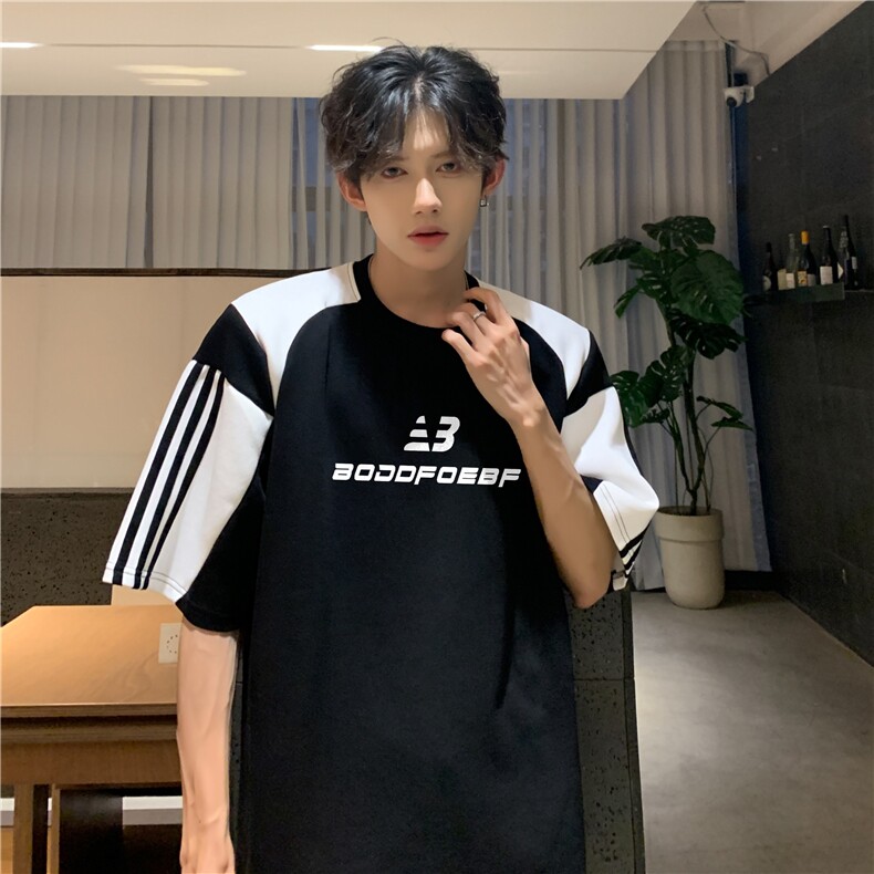 黑白拼色条纹机车短袖男夏季设计感小众vintage美式t恤情侣半截袖,男装T恤,星座601-2