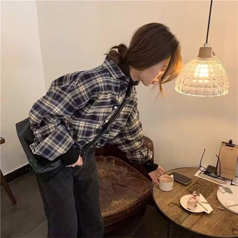 潮撞色格子衬衫男女款春秋季2025新款宽松休闲长袖百搭衬衣复古,男装衬衫,星座506A