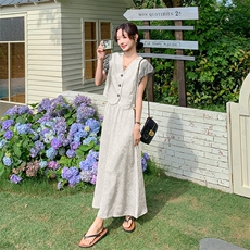 韩系氛围感套装连衣裙女2025夏新款压皱花苞袖上衣裙子复古两件套，女装套装/套裙，2C255