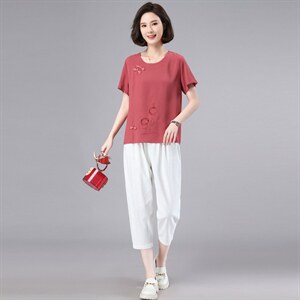 时尚套装2023夏季新款复古t恤上衣棉麻休闲裤亚麻中年妈妈两件套图片