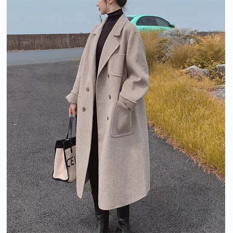 宽松大版双面羊绒大衣中长款高端韩系减龄羊毛呢外套,女装双面呢大衣,美吧服饰